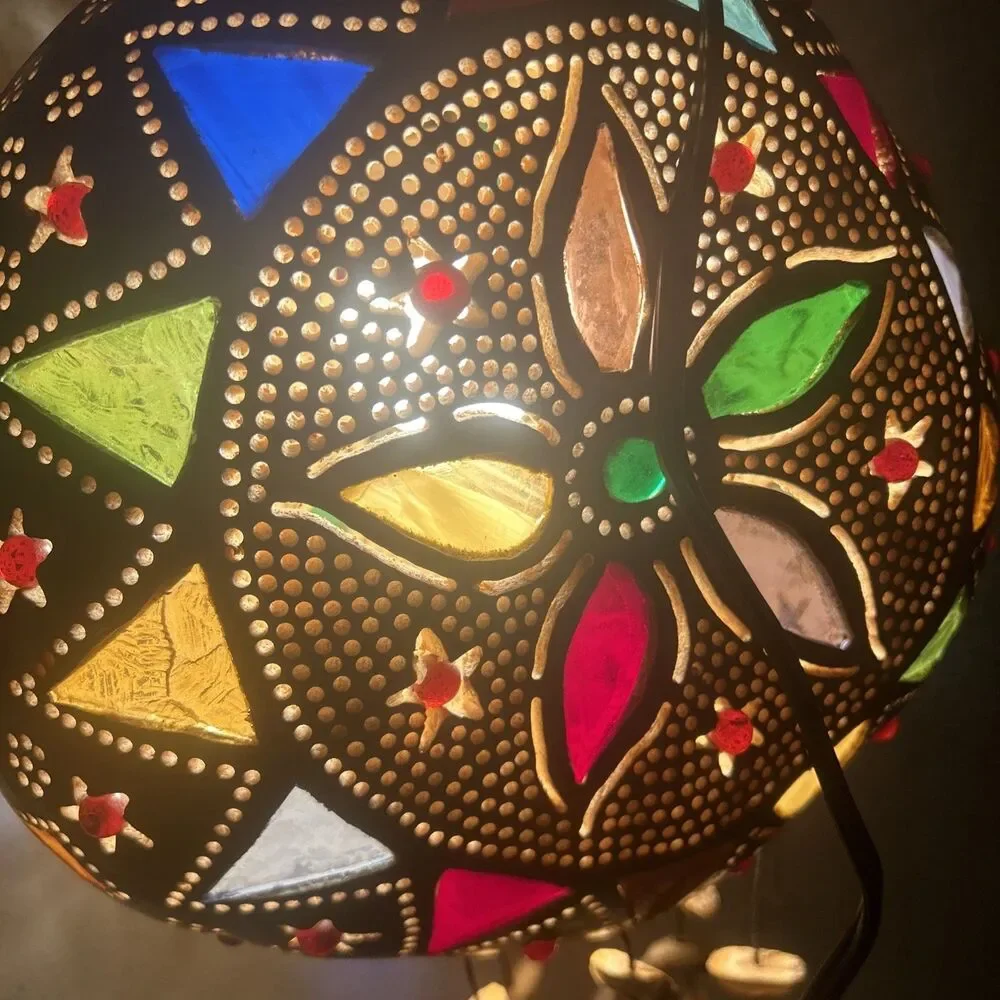 Vintage 14” Boho Gourd Swag Lamp With Celestial Theme Colorful Artsy Ecclectic